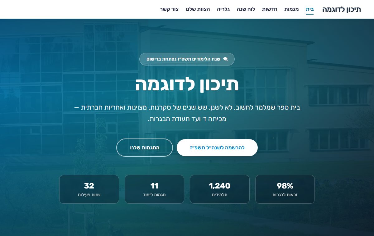 אתר הדגמה של ״תיכון לדוגמה״ שנבנה בבונה האתרים של פדגוגי